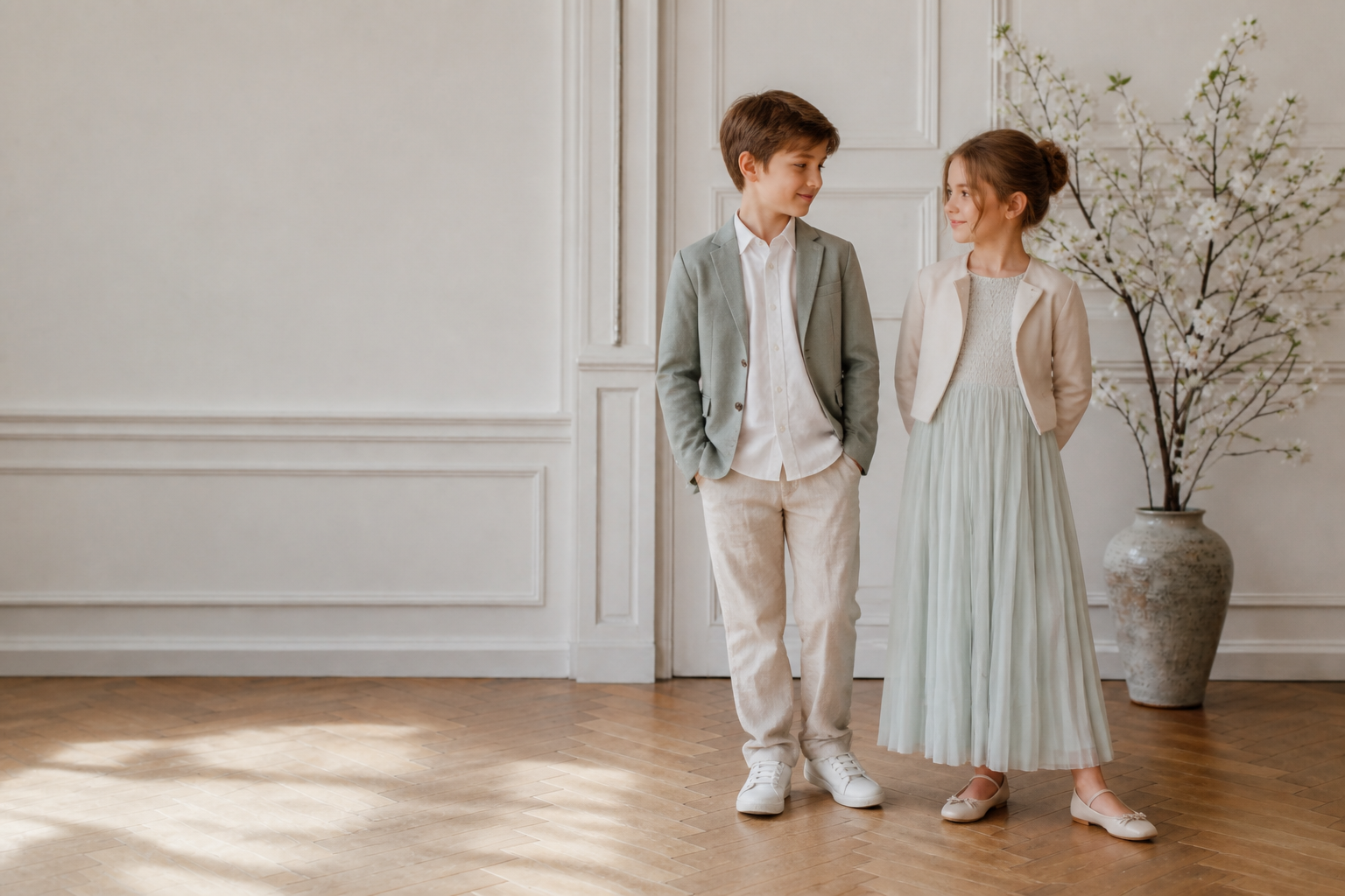 Meisje en jongen in moderne communie- en lentefeestkleding